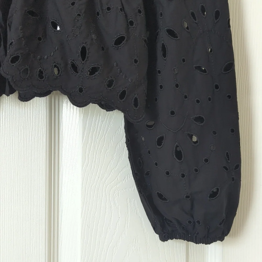 Express Bohemian Eyelet Embroidered Long Sleeve Tie Front Cropped Blouse Black S - Picture 8 of 12
